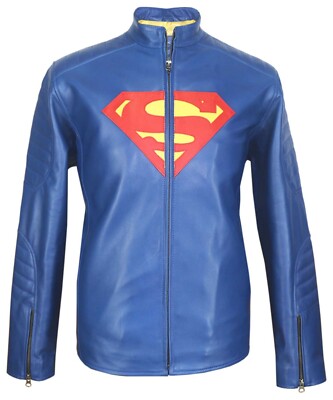 Biker Superman Logo Blue Genuine Lambskin Tom Welling Leather Halloween Jacket
