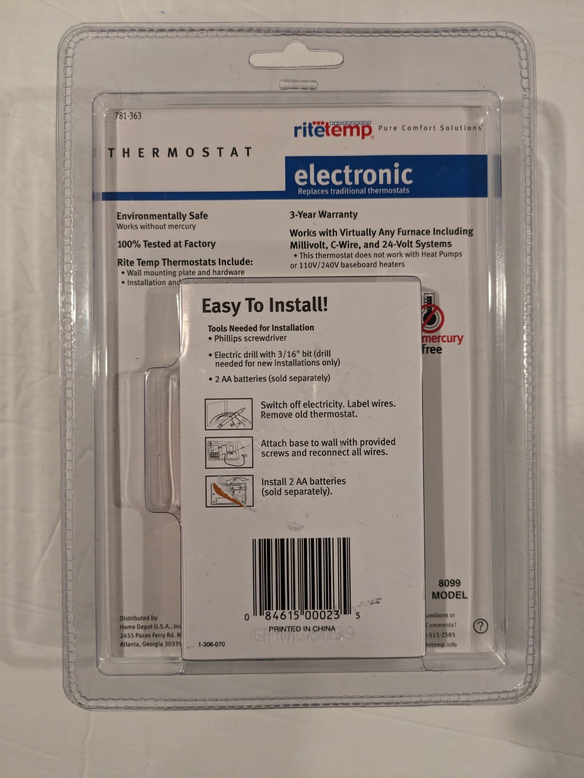 Ritetemp Thermostat Heat/Cool Universal Replacement Mercury Free 781