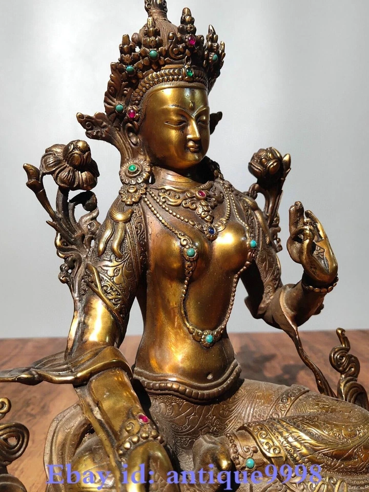 Estatua de diosa budista Tara Mahayana verde gema dorada bronce tibetano antiguo de 12,2" Foto 4 de 4