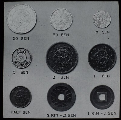 ANTIQUE Magic Lantern Slide JAPANESE SEN & RIN COINS C1910 PHOTO JAPAN