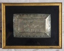 Vintage 1888 Coffin Casket Plaque Plate Framed