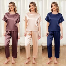 Silk Pajamas Womens Short Sleeve Sleepwear Soft Satin Loungewear Pjs Set Wear