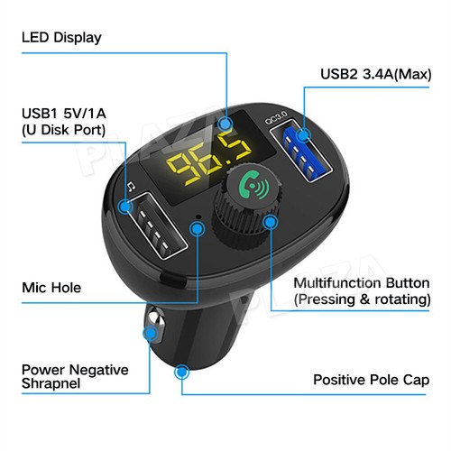 Baseus Handsfree FM Transmitter Wireless Bluetooth Car Kit MP3 Adapter Charger - Picture 2 of 10