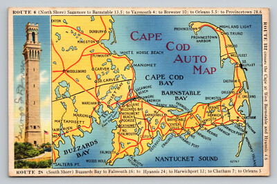 Cape Cod Massachusetts Auto Map Linen Postcard MA 1940's