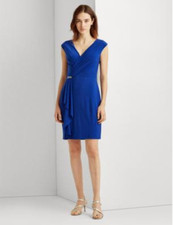 NWT Lauren Ralph Lauren Womens Blue V-Neck Ruffle Jersey Mini Dress Size 12 V13