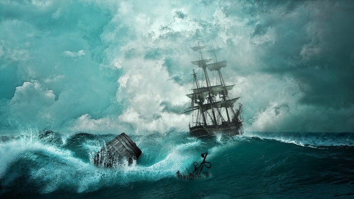 Tableau de mer bateau tempête 50x70 cm, décoration murale océan et vagues géantes