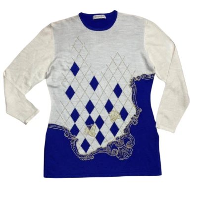 Vintage 80's Jacques Vert Pullover L/XL 14 16 18 Creme Lila Gold Kariert Hülle - Bild 1 von 4