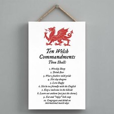 TEN WELSH COMMANDMENTS WELSH DRAGON SIGN DECORATIVE HANGING WOODEN PLAQUE