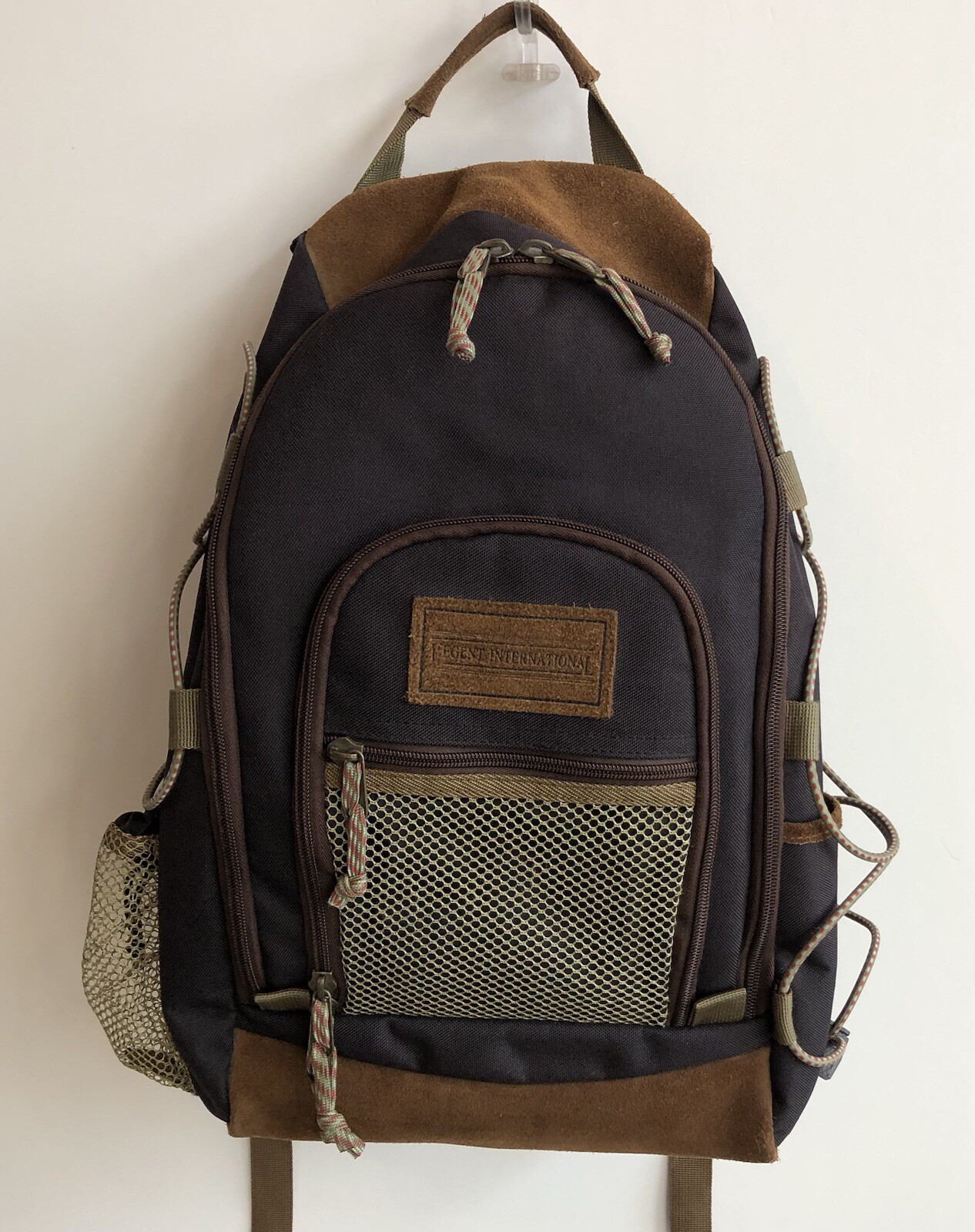 L’Egent International Backpack Brown Faux Suede Purple Canvas Bungee Cord Pocket