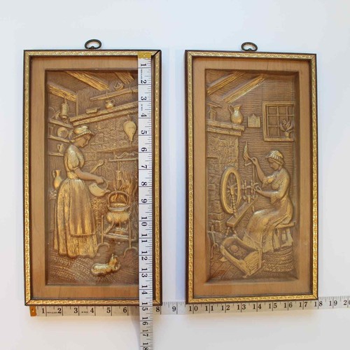 Vintage Pair Hammered Embossed Repousse 3D Framed Wall Art Early American - Picture 6 of 10