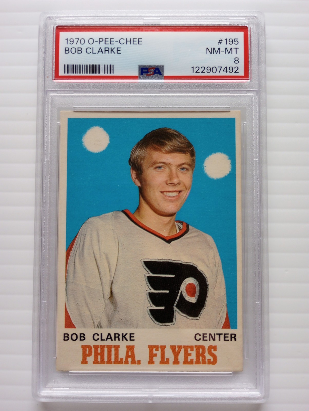 RARE 1970-71 O-Pee-Chee Bobby Clarke #195 (RC) Philadelphia Flyers  PSA 8 NM-MT
