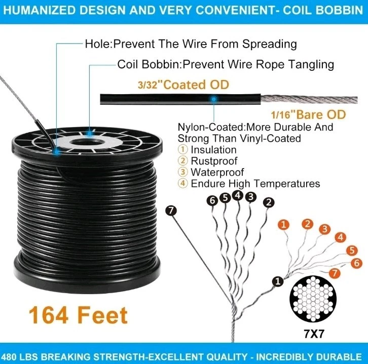 String Light Hanging Kit With 164 Ft Nylon Coated Stainless Steel 304 Wire Rope  - Image 3 of 4