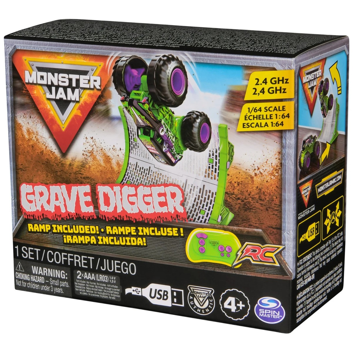 Monster Jam, Remote Control Monster Truck with Ramp, Small 1:64