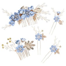 5 Pack Wedding Hair Piece Bridal Hair Comb, Blue Flower Rhinestone Hair Acces...