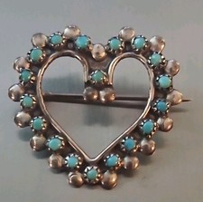 Sterling Silver: Sweet Zuni Handmade Petit Point Turquoise Heart Brooch/Pin