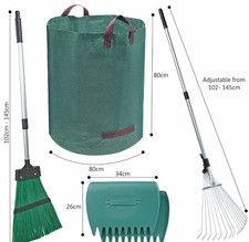 5-in 1 Adjustable Garden Leaf Tool Set With 2 Large Leaf Collector  Rake 145cm
