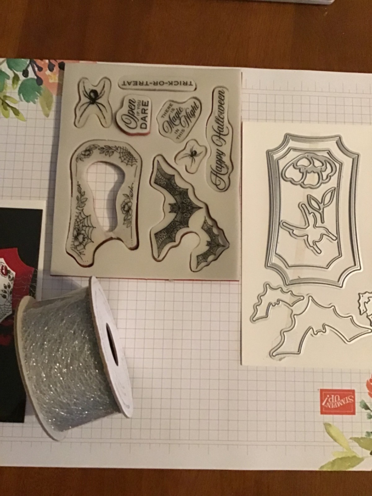 Red Ribbin Stamp Stampin Up hallows night magic cling stamp + dies, card + metallic mesh ...