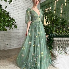 Green Floral Embroidery Tulle Gown Puff Sleeve V Neck Corset Formal Maxi Dress