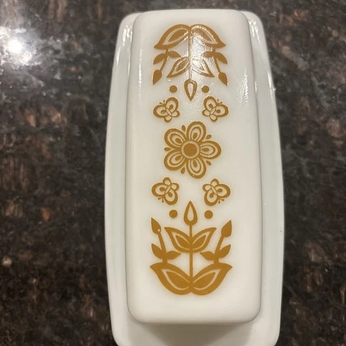 Vintage 1960's Pyrex Milk Glass Butterfly Gold, Butter Dish with Lid~MINT~