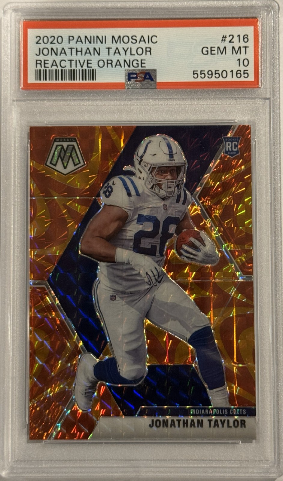 JONATHAN TAYLOR (RC) 2020 Mosaic #216 (REACTIVE ORANGE PRIZM) PSA 10💎GEM MINT🔥