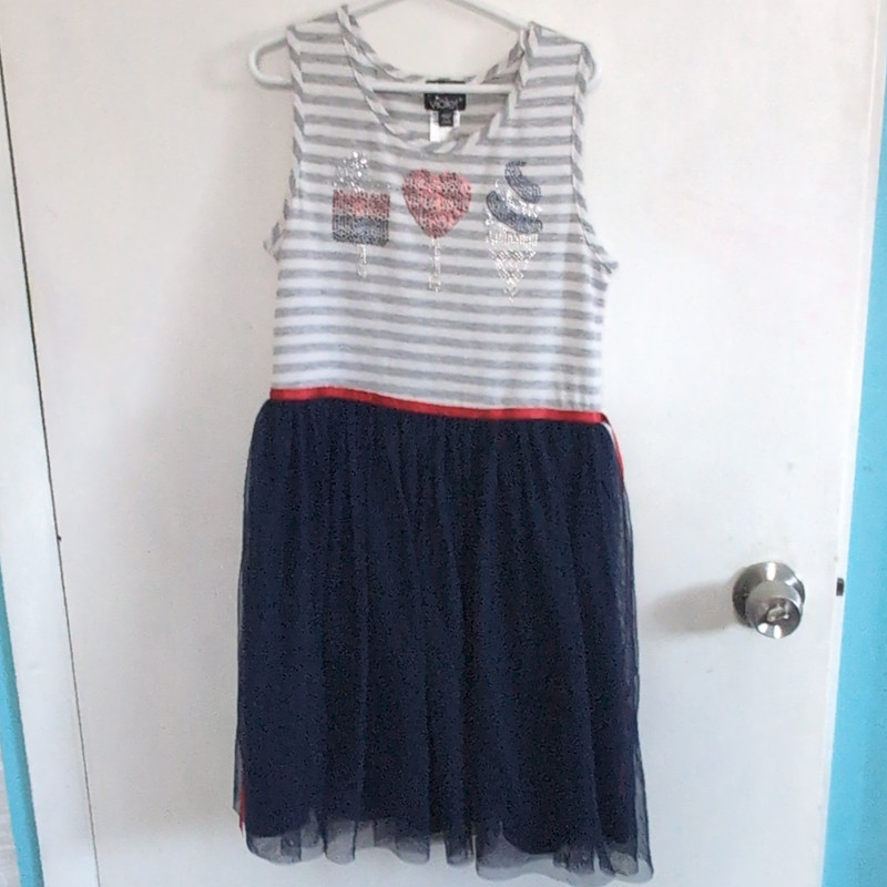 pink&violet Girls L (10/12) Fit & Flare Striped Navy Tulle Dress Bow Hearts