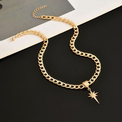 Stainless Chunky Cuban Chain Necklace Four Pointed Star Pendant Women Jewelry