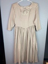 Couvée Dress Womens Medium Beige Polka Dot Bow Lace Fit Flare Midi Cottagecore