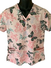 SB Scrubs Scrub Top Women's Small Pink Black Butterfly Flowers V-Neck