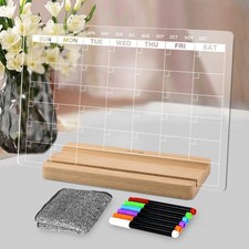 Acrylic Dry Erase Monthly Calendar Board Desk 9x13 Inch White Text Wood Stand