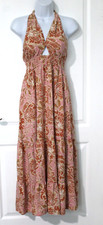 Women's Zesica Peach Floral Halter Sexy Key Hole Maxi Sundress Dress Tiered