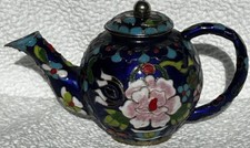Miniature Tea Pot Brass Cloisonn  Bright Multicolored Flowers Blue Inside EUC