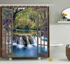 Forest Waterfall Natural Scenery Bathroom Shower Curtain Green-Decoration 72 In