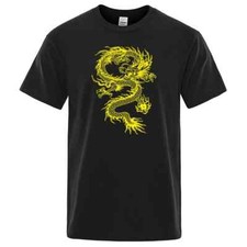 Chinese Style Yellow Dragon Printing Mens T-Shirt Cotton Loose T-Shirt Cotton