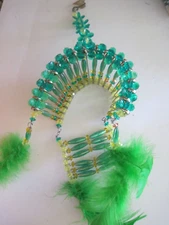 Beaded Safety Pin Chief's Headdress W/ Breastplate Beads Feathers Green Yellow