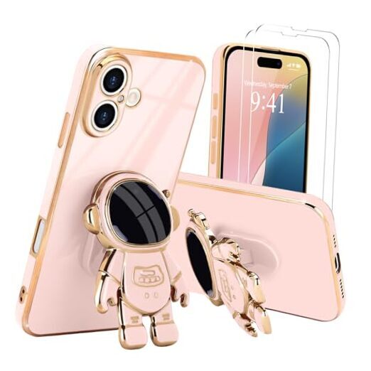 for Case, Cute 3D Astronaut Stand with [2 Screen Protector] iPhone 16 Pink