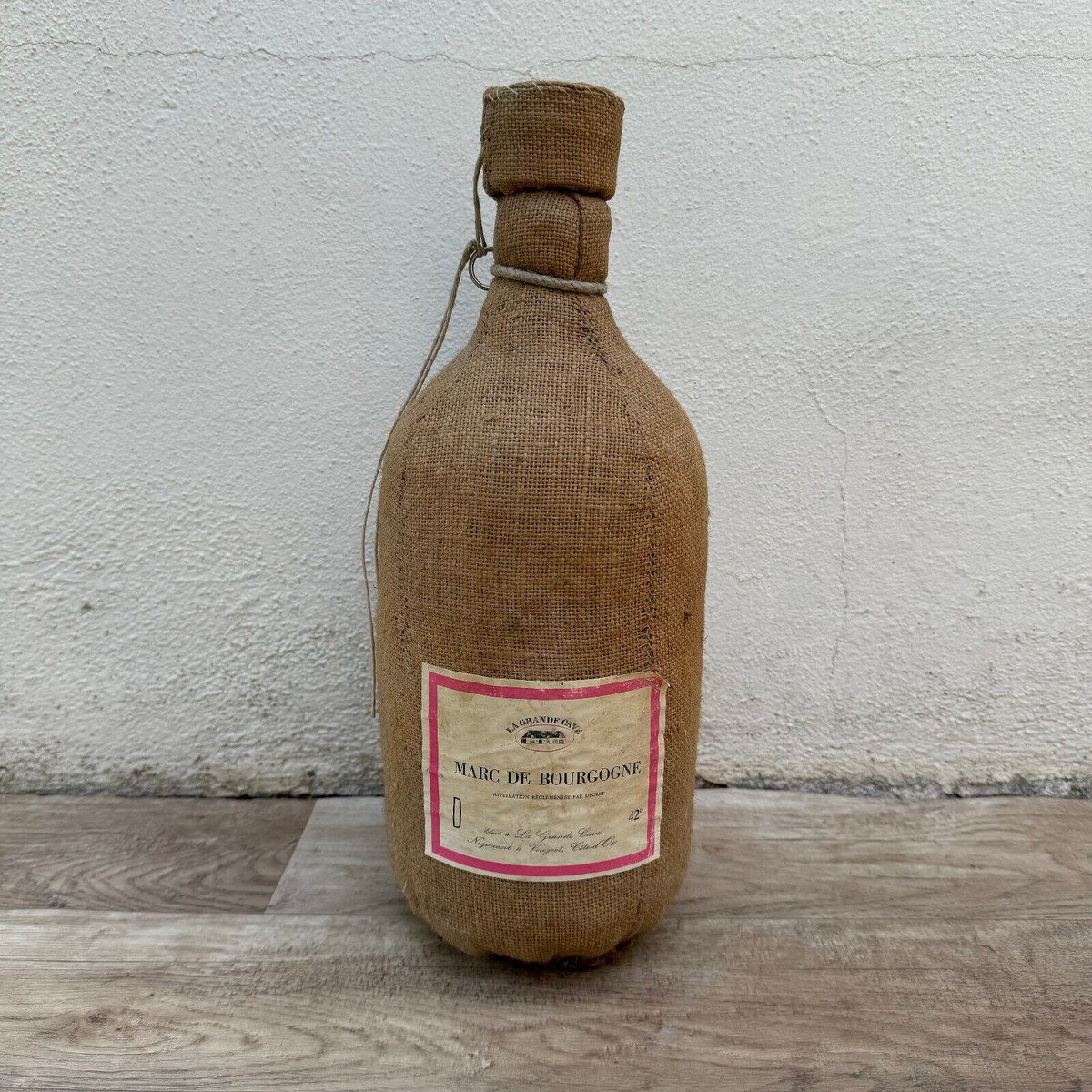 Vintage French Brandy Bottle Marc de Bourgogne Linen Wrapped