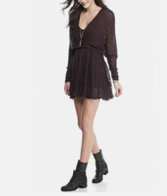 Free People Faux Wrap Dress SzS Plum Crochet Knit Boho 90s 70s Y2K Mini  Drop | eBay