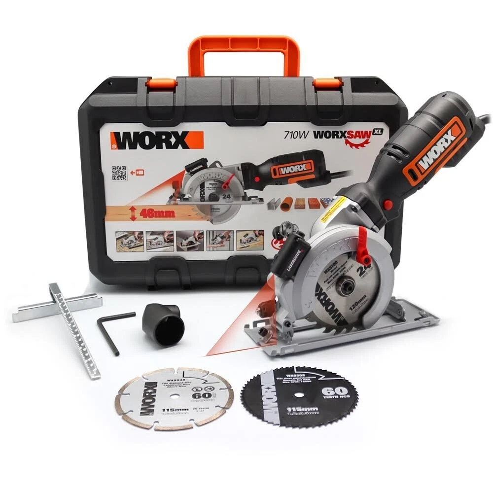 New WORX WX427 XL 710w Compact Circular Saw 120mm In Carry Case Bevels 3 Blades