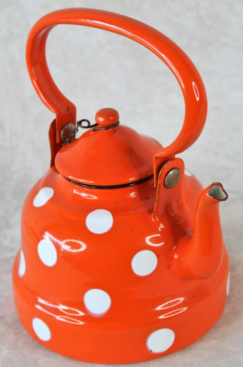 Vintage Orange & White Polka Dot Enamelware Metal Tea Kettle Pot w/Chain