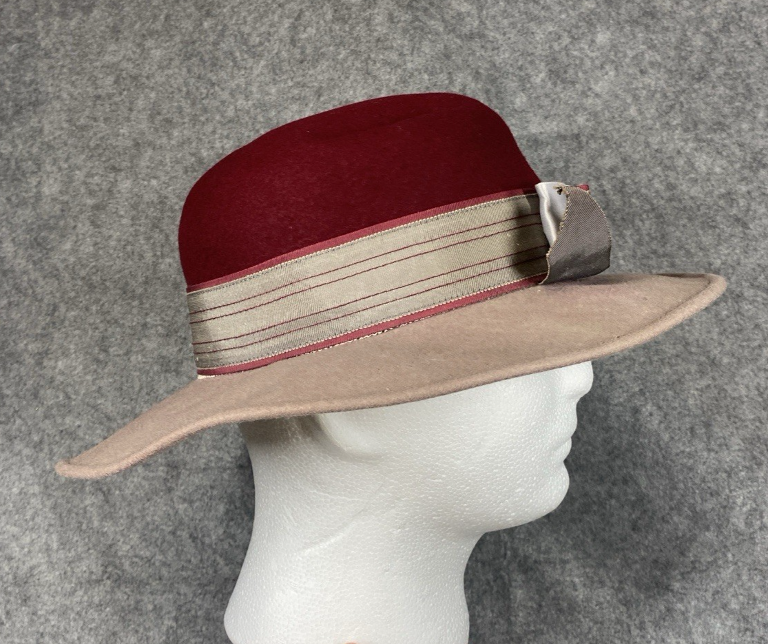 Micheal Howard Hat Womens Maroon Purple Georgie Stripe Bow 100% Wool Vintage Micheal Howard Hat Womens Maroon Purple Georgie Stripe Bow  main image 2
