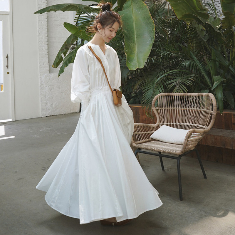 Women Bishop Sleeve Long Swing Dress Loose Pleat Maxi Dresses