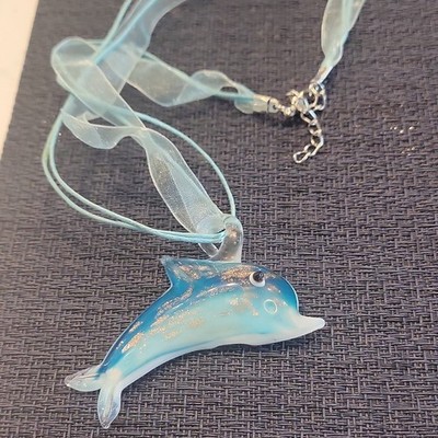 Blue Glass Dolphin Pendant Necklace Ribbon Cord Sea Life Charm