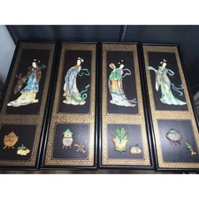 Four Chinese Vintage Handpainted Shell Inlay Wood Panels Geisha Art Large 36x12