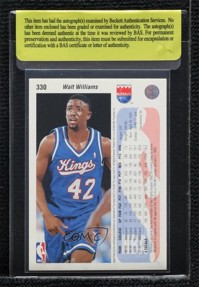 BAS 1992-93 Upper Deck Walt Williams #330 Authentic Auto Rookie RC - Image 2 of 2