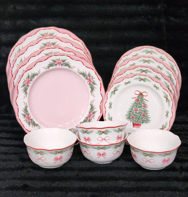 12 PINKMAS Dinner Salad Plates Bowls Pink Bows Christmas Tree Porcelain 222 5th