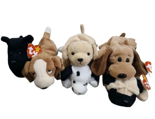 Vintage PUPPY TY Beanie Babies Lot of 6: Pugsly, Fetch, Dotty, Scottie & More