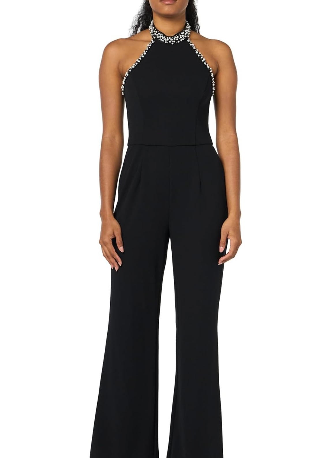 Faux Pearl Beaded Black Pant Suit V-Drop Back Size Small