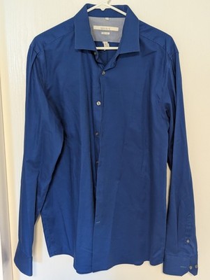 Perry Ellis Portfolio Herren Hemd Oxford Dress Shirt Slim Gr. L Blau Langarm