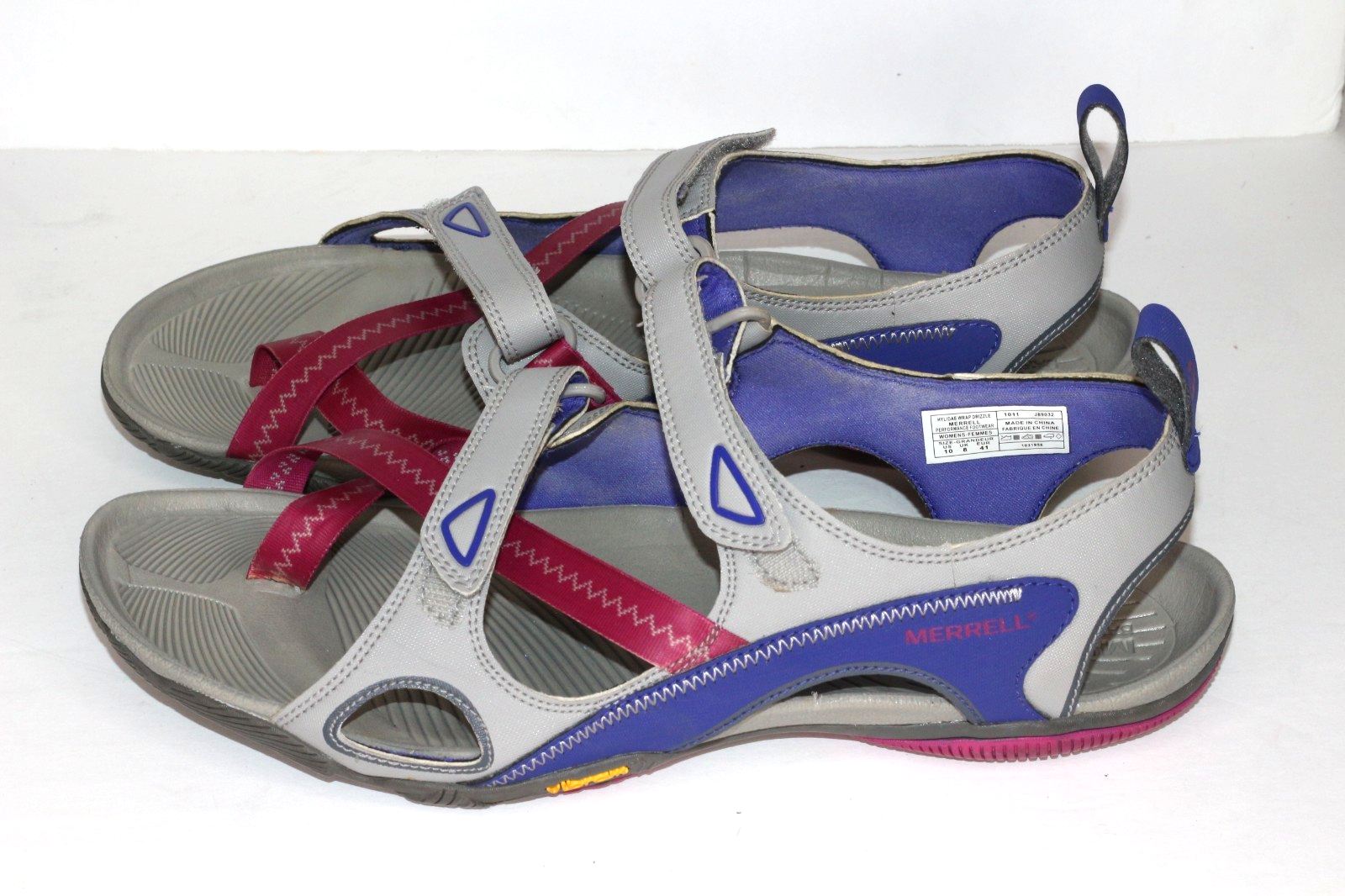 Merrell sandalo donna taglia 10 Hylidae avvolgente grigio viola suola Vibram leggero