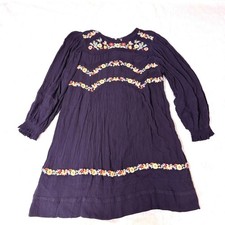 Free People Mini Dress Womens Small Navy Embroidered Long Sleeve Boho Peasant